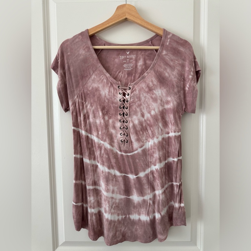 American Eagle Outfitters Soft & Sexy Rib Tie Dye Lace Up Short Sleeve Shirt - M